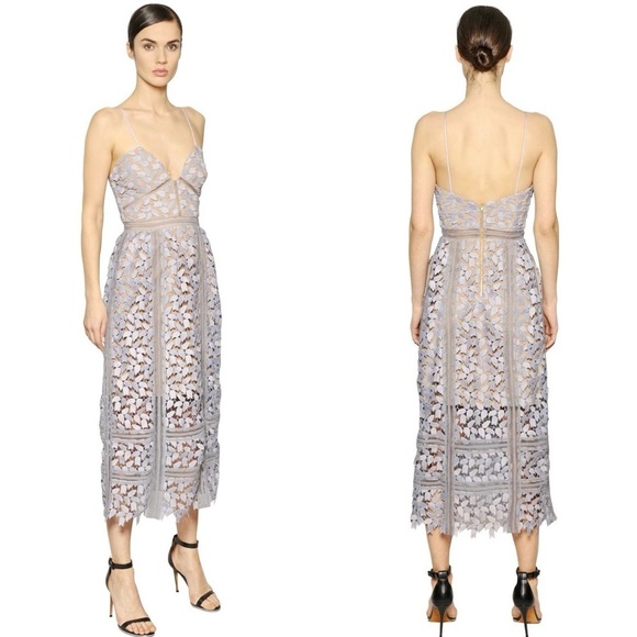 Self-Portrait Dresses & Skirts - Self Portrait Arabella Lace V Neck Midi Dress Smoked Lilac & Nude